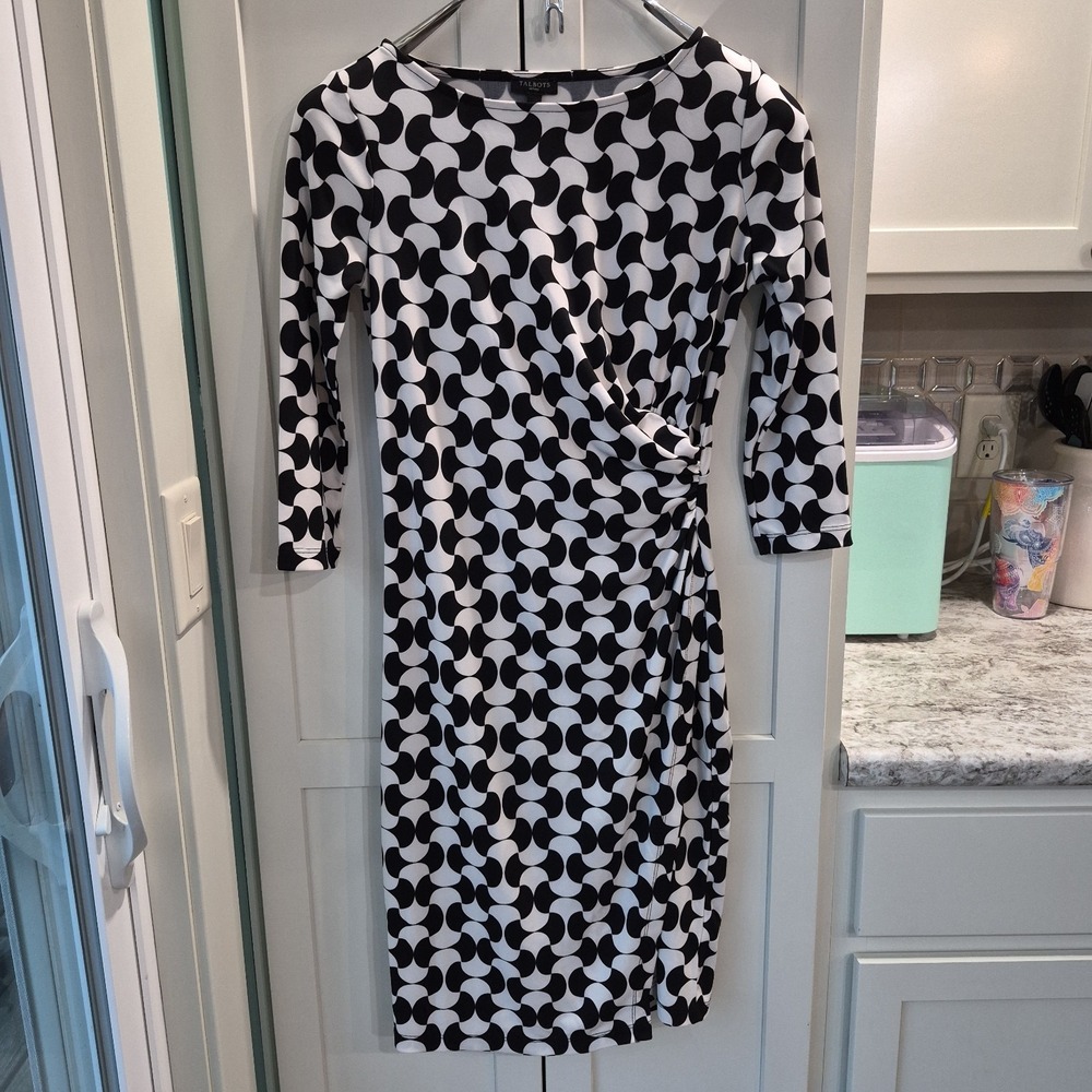Talbots Women's Sz Xz P Black White Geometric 3/4 Sleeve Faux Wrap Dress